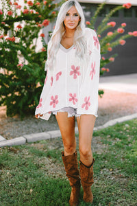 White Floral Print Lightweight Knit Hooded Sweater | Tops/Sweaters & Cardigans