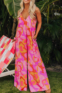 Wide Leg Jumpsuit  Pink Boho Abstract Print V Neck