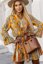 Load image into Gallery viewer, Orange Boho Geometric Print Buttoned V Neck Mini Dress | Dresses/Mini Dresses
