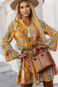 Orange Boho Geometric Print Buttoned V Neck Mini Dress | Dresses/Mini Dresses