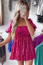 Load image into Gallery viewer, Womens Romper | Rose Red Short Puff Sleeve Sequin Babydoll Romper | Bottoms/Jumpsuits &amp; Rompers
