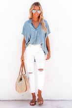 Load image into Gallery viewer, Sky Blue Split V Neck Oversized Denim Blouse | Tops/Blouses &amp; Shirts
