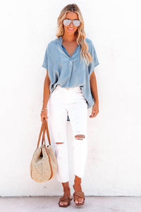 Sky Blue Split V Neck Oversized Denim Blouse | Tops/Blouses & Shirts