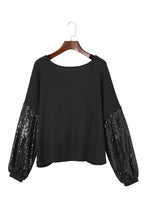 Load image into Gallery viewer, Waffle Knit Top | Black Sequin Patchwork Sleeve Open Back
