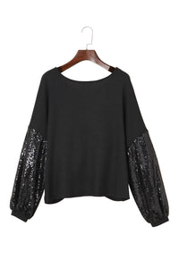 Waffle Knit Top | Black Sequin Patchwork Sleeve Open Back