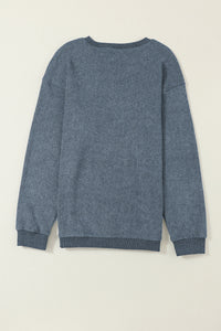 Pullover Sweatshirt | Blue Solid Ribbed Knit Round Neck