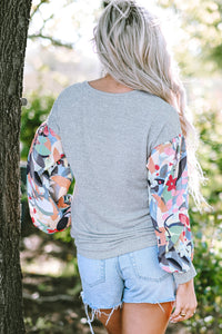 V Neck Top | Gray Floral Lantern Sleeve Patchwork Blouse