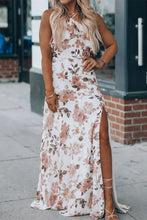 Load image into Gallery viewer, White Floral Slit Ruffled Halterneck Maxi Dress
