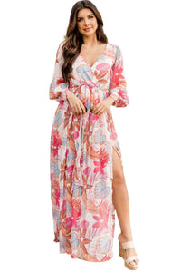 Maxi Dress | Tropical Plant Print Long Sleeve Wrap Dress