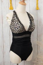 Load image into Gallery viewer, Brown Leopard Mesh Insert V Neck High Waist Monokini | Swimwear/One Piece Swimsuit
