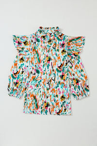 Multicolor Abstract Print 3/4 Puff Sleeve Ruffle Blouse | Tops/Blouses & Shirts