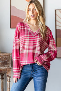 Pink Plaid V-Neck T-Shirt