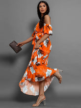 Load image into Gallery viewer, Off Shoulder Midi Dress | Pleated Floral Short Sleeve Dress
