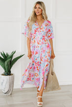 Load image into Gallery viewer, Multicolor Tropical Floral Print Ruched V Neck Maxi Dress | Dresses/Floral Dresses
