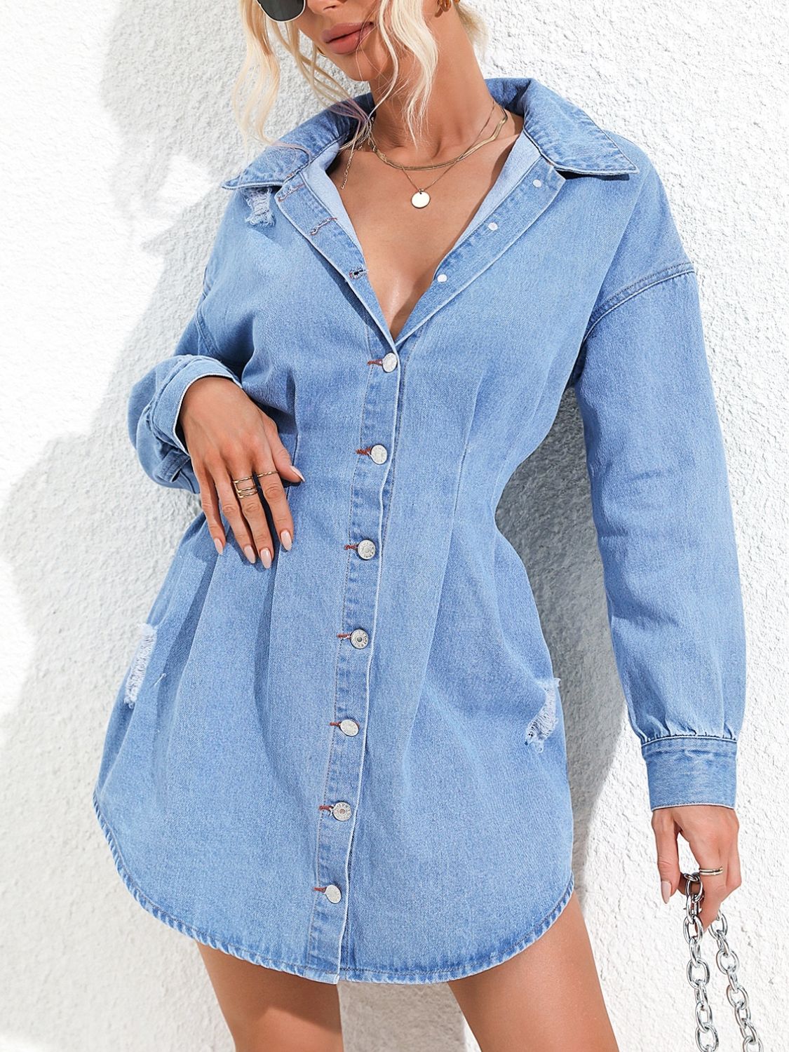 Distressed Denim Dress | Button Up Long Sleeve Dress