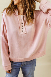 Pink Casual Button Solid Patchwork Trim Hoodie | Tops/Sweatshirts & Hoodies