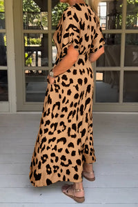 Khaki Leopard V Neck High Waist Buttoned Plus Maxi Dress | Plus Size/Plus Size Dresses/Plus Size Maxi Dresses