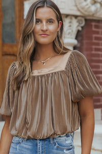 Puff Sleeve Top | Taupe Pleated Square Neck Blouse