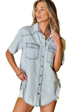 Load image into Gallery viewer, Mist Blue Vintage Light Wash Flap Pockets Rounded Hem Shirt | Tops/Blouses &amp; Shirts
