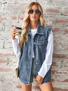 Denim Jacket | Raw Hem Sleeveless Button Up Jacket