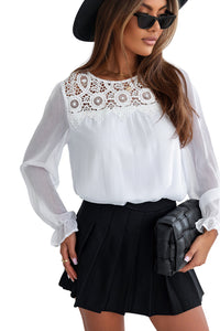 White Lace Patch Sheer Flounce Sleeve Blouse | Tops/Blouses & Shirts