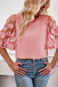 Half Sleeve Blouse | Dusty Pink Contrast Applique Mesh Top