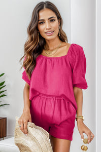 Hot Pink Square Neck Half Sleeve Top and Shorts Set