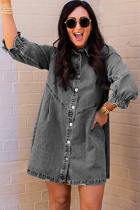 Denim Mini Dress | Gray Buttoned Long Sleeve