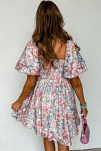 Load image into Gallery viewer, Pink Floral Puff Sleeve Square Neck Smock Ruffled Dress | Dresses/Floral Dresses
