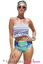 Load image into Gallery viewer, Blue Printed Smocked High waisted swimsuits | Swimwear/High Waisted Swimsuit
