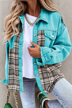 Load image into Gallery viewer, Sky Blue Plaid Patchwork Pockets Denim Jacket | Outerwear/Denim jackets
