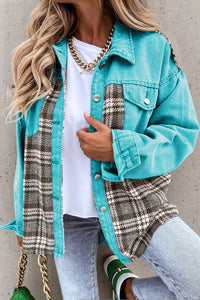 Sky Blue Plaid Patchwork Pockets Denim Jacket | Outerwear/Denim jackets