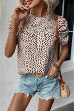 Load image into Gallery viewer, Puff Sleeve Blouse | Khaki Leopard Round Neck Top
