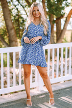 Load image into Gallery viewer, Blue Sky Blue/Blue/Apricot V Neck Lantern Sleeves Floral Tunic Dress | Dresses/Floral Dresses
