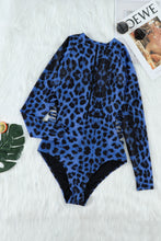 Load image into Gallery viewer, Blue Leopard Print Zipper Cut-out Rash Guard Swimsuit | Swimwear/Rash Guards
