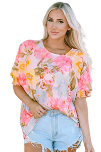 Womens Blouse | Pink Shirred Cuff 3/4 Sleeve Loose Fit Floral Blouse | Tops/Blouses & Shirts