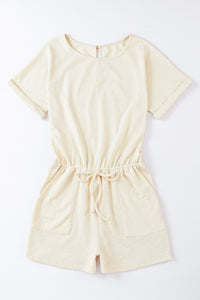 Beige Ribbed Elastic Waist Romper