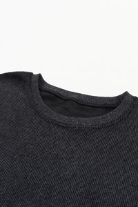 Pullover Sweatshirt | Black Solid Ribbed Knit Round Neck