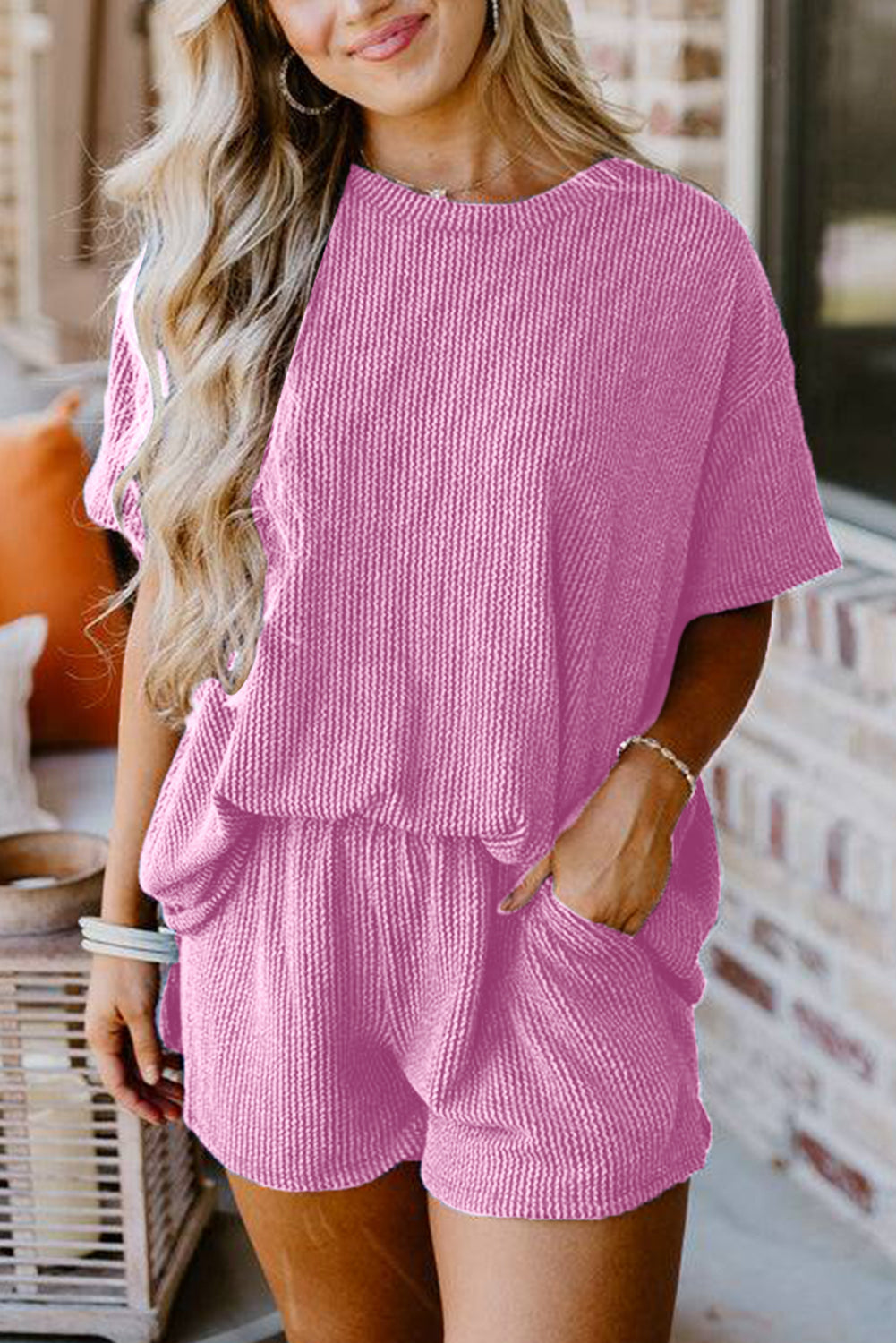 Phalaenopsis Ribbed Textured Knit Loose Fit Tee and Shorts Set | Two Piece Sets/Short Sets