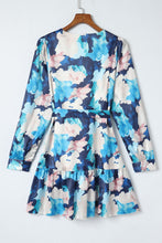 Load image into Gallery viewer, Blue Abstract Floral Long Sleeve Tied Ruffle Dress | Dresses/Floral Dresses

