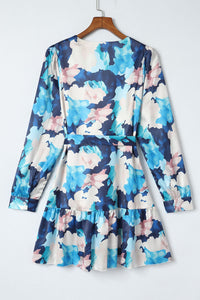 Blue Abstract Floral Long Sleeve Tied Ruffle Dress | Dresses/Floral Dresses