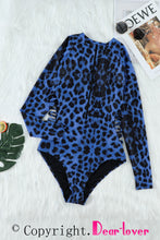 Load image into Gallery viewer, Blue Leopard Print Zipper Cut-out Rash Guard Swimsuit | Swimwear/Rash Guards
