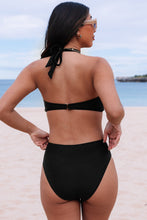 Load image into Gallery viewer, Black Halter O-ring Ruched Bust One Piece Swimsuit | Swimwear/One Piece Swimsuit
