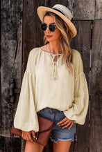 Load image into Gallery viewer, Drawstring Blouse | Apricot Lantern Sleeve Stripe Tassel
