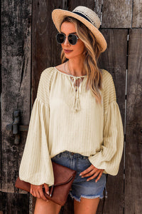 Drawstring Blouse | Apricot Lantern Sleeve Stripe Tassel