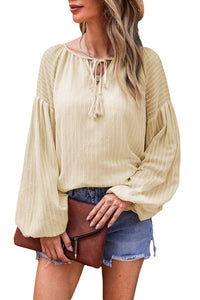 Drawstring Blouse | Apricot Lantern Sleeve Stripe Tassel