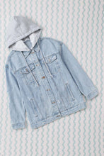 Load image into Gallery viewer, Sky Blue Button Closure Ripped Hooded Denim Jacket | Outerwear/Denim jackets
