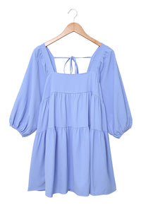 Sky Blue Square Neck Half Sleeve High Low Mini Dress | Dresses/Mini Dresses