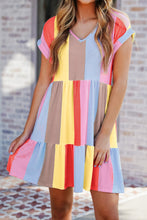 Load image into Gallery viewer, Tiered Mini Dress | Fiery Red Multi-Color Striped Dress
