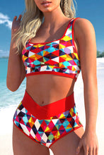 Load image into Gallery viewer, Fiery Red 2pcs Geometric Print Notch High Waisted Bikini | Swimwear/High Waisted Swimsuit
